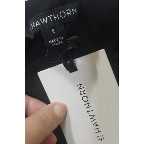 41 Hawthorn Women's Black Drape Front Blouse With Ribbon Tie Neck Sheer Front - Picture 4 of 11